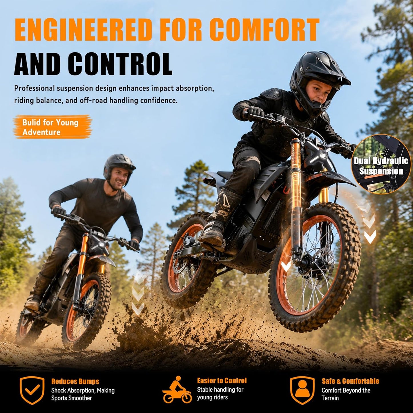 ET-3 Electric Dirt Bike, 72V 22.5Ah Removable Battery, 17"/14" Off-Road Tires, 5000W Peak Mid-Drive Motor, Dual Hydraulic Brakes & Suspension for Teens Adults