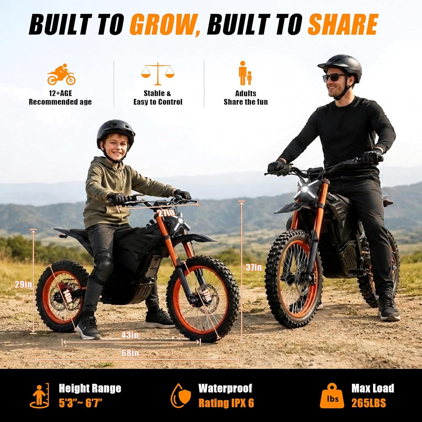 ET-3 Electric Dirt Bike, 72V 22.5Ah Removable Battery, 17"/14" Off-Road Tires, 5000W Peak Mid-Drive Motor, Dual Hydraulic Brakes & Suspension for Teens Adults